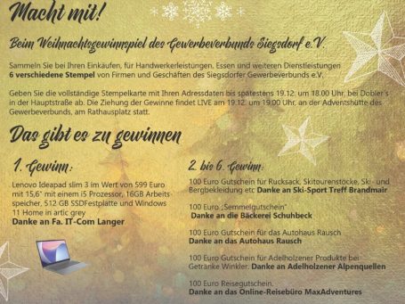 von rechts: Vorstand des Gewerbeverbunds Siegsdorf, Dr. Jürgen Leikert, der neue Leiter der Touristinformation Siegsdorf, Herr Bernhard Turk, Stellvertretende Leiterin der Touristinformation Siegsdorf, Frau Susanne Havel und 2. Vorständin des Gewerbeverbunds Siegsdorf, Frau Martina Dobler präsentieren die neuen Gutscheine des Gewerbeverbunds Siegsdorf.